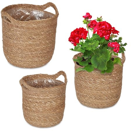 Relaxdays Pot de Fleur, Lot de 3, avec poignées, Pot de Plante, pour Plantes, Fleurs & Herbes, zostère, Nature