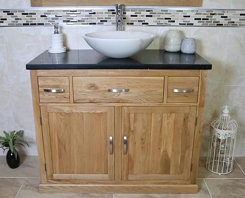 Wooden Bathroom Vanity with Sink and Drawers - Natural Oak Double Door Bathroom Sink Cabinet Wash Basin - Single Vanity Unit with Black Quartz Top - White Marble Bowl