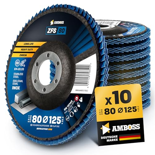 10x Disco lamellare Ø125mm K80 per acciaio/inox - lucidatura, rimozione della ruggine, levigatura del giunto a gola - AMBOSS Werkzeuge ZFS Disco lamellare blu per smerigliatrice angolare - Lucidatura