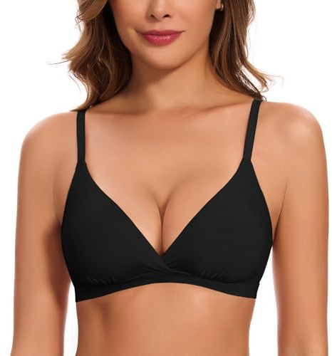 WOWENY Padded Bras for Women Non Wired Bralette Deep-V Plunge Triangle Seamless Ladies Sleep Bra Comfort Soft Black L