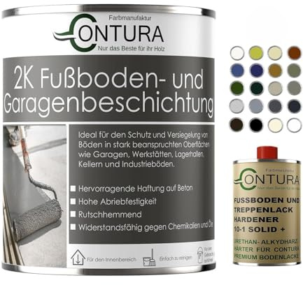 Contura 2K Bodenfarbe Betonfarbe Garagenfarbe Kellerboden Fussbodenlack Glänzend Lack (7032 Kieselgrau, 1,10Liter (1L+100ml Härter))