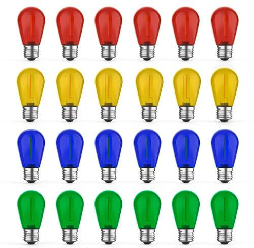 GvvooHome Paquete de 24 bombillas LED S14 coloridas para luces de cadena al aire libre, irrompibles de 1 W, bombillas de repuesto para luces de patio, regulables, blanco cálido de 2200 K, base E26