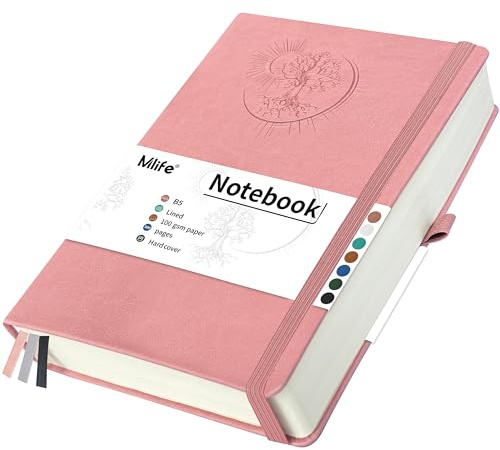 Mlife B5 Linjerat Anteckningsblock Med Livets Träd-Motiv, 300 Sidor, 100 G/M² Linjerat Papper, Anteckningsblock Med Pu-Omslag, Resårband, Pennhållare, 3 Bokmärken, 19,5 * 25,5 Cm (Rosa)