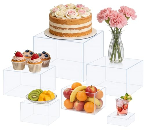 Buffet Risers - Soporte para tartas (6 unidades, acrílico, para catering, postres, decoración, 3 x 4 x 5 x 6 x 7 x 8 pulgadas, cubos, mesa de buffet, cajas de estantería), transparente