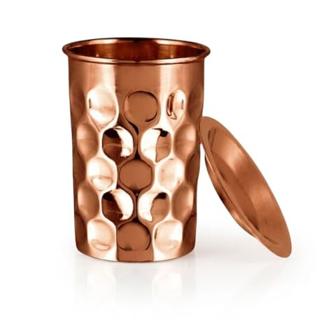 Sattva Ayurveda Kupferbecher 350 ml mit Deckel – Handgefertigter Trinkbecher aus ca. 99,7% Kupfer – Für Nachttisch & Büro – Unbeschichtet & Plastikfrei im Diamond Design