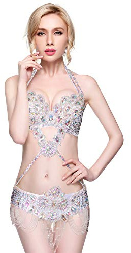ROYAL SMEELA Costume de Danse du Ventre Sexy Soutien-Gorge à col Suspendu Ceinture de Hanche Tenues Danse Orientale Femme Sexy Argent Taille M