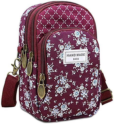 LassZone Canvas Crossbody Phone Bags for Women Girls Floral Pattern Handbag Small Shoulder Bags Mobile Phone Purse Wallet Zipper Coin Pouch