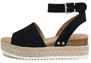 Soda Topic Open Toe Buckle Ankle Strap Espadrilles Flatform Wedge Casual Sandal (Black, 8)
