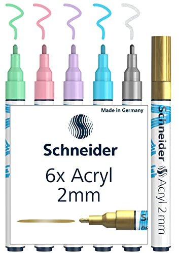 Schneider Paint-It Acrylstifte (Set 2 mit 2 mm Rundspitze, hochdeckende Acrylfarben für Holz, Leinwand, Stein uvm.) 6 Stück, sortiert, 2mm Strichbreite