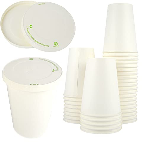 PZ 50 BICCHIERI IN CARTONE BIANCO DA 350 ML DIMENSIONI H 11 CM X 9 DIAMETRO + PZ 50 COPERCHI IN CARTA CON FORO IDEALI PER CAPPUCCIONO,CAFFE E CIOCCOLATA