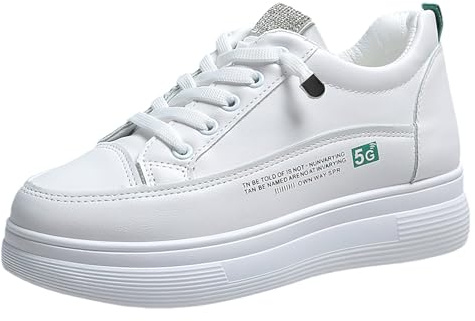 rismart Mujer Oculto Cuña Plataforma Zapatillas Cordones Elásticos Malla Transpirable Casual Zapatos (Blanco Cuero Verde, 38 EU)