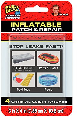 Flex Seal Inflatable Patch & Repair Kit, Use on Air Mattresses, Bounce Houses, Rafts and Floats, Pool Toys and Pools, Smooth PVC Plastic Surfaces - Kit Includes (4) Crystal Clear Patches