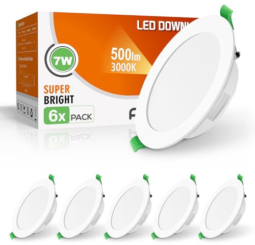 ALUSSO LED Recessed Ceiling Lights 7W 500lm, Ultra Slim Downlights Warm White 3000K, Cutout Ø90-100mm Non-Dimmable Spot Lights, IP44 Waterproof Panel Lights for Bathroom Kitchen, 6 Pack