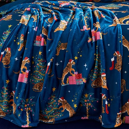 Catherine Lansfield Christmas Tiger Cosy Fleece 130x170cm Blanket Throw Navy Blue