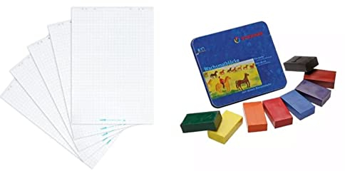 Landre Flipchart Papier, kariert, 20 Blatt je Block, 5er Pack & Stockmar 204884258 34000 Wachsmalblöcke mit reinem Bienenwachs, 8 Wachsmal-Farben in handlicher Blockform