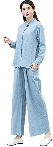 Kung-Fu-Uniform, Kampfsport-Anzug, chinesischer Stil, Yoga-Anzug, 2022, langärmeliger Tai-Chi-Anzug, Baumwolle + Leinen, Meditations-Tee-Anzug, zweiteiliger Damen-Anzug,Blueb-XL