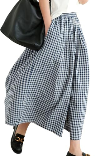 Leyoutx Pantaloni Culottes da Donna in Cotone e Lino a Gamba Larga, Pantaloni a Palazzo Capri a Quadretti, con Elastico in Vita, Blu, XL