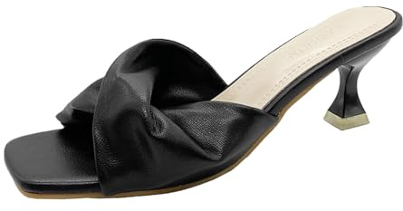 BOTRENT Women's Cross Strap Leather Kitten Heel Slip-On Sandals Fashion Square Open toe Low Heel Party Mule Sandals for Daily Outdoor Evening Dating, Black, 6.5 UK