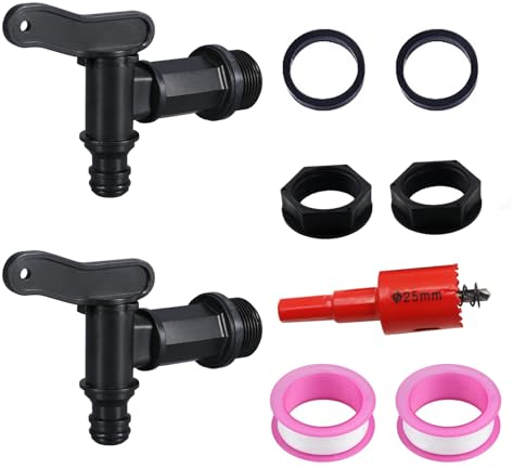 2 Stück Regentonne Wasserhahn Auslaufhahn für Regentonne Kunststoff Ersatzhahn mit Dichtung Dichtband für Garten Regenfass Wassertank Regenwassertonne