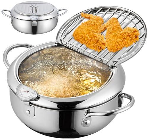 Pentola per friggitrice da 4,2 l, in acciaio inox, con temperatura e scolapiatti per olio, piccola pentola con manici per pesce