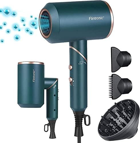 Flintronic Secador de Pelo Iónico, 2000W Secador de Pelo Plegable y Portátil, Botón de Aire Frío, 2 Velocidades, 3 Temperaturas, con 2 Boquillas y 1 Difusor, para Hogar, Peluqueria, Hotel (Verde)