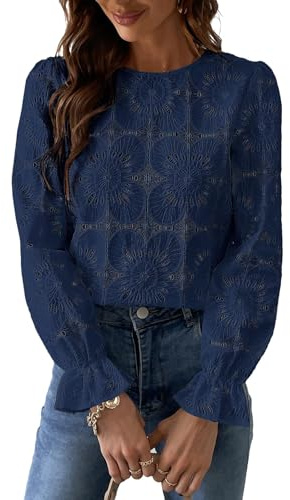 CUPSHE Women Eyelet Long Sleeve Tops Shirts Dressy Hollow Out Crochet Lace Embroidered Blouses 2026 Fashion Top Navy Blue L