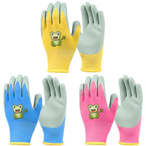 Ainiv 3 Pares Guantes de Jardinería para Niños, Guantes Trabajo Goma, Transpirables y Antideslizantes Gloves para Exteriores, Cuidado del Césped y Plantación (Rana-XS, 5-7 Años)