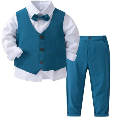 Loodgao Completo Bambini Ragazzo Elegante Gentiluomo Camicia Maniche Lunghe + Gilet +Papillon + Pantaloni Cotone Abito 4 Pezzi Gentleman da Battesimo Nozze Blu 2-3 Anni