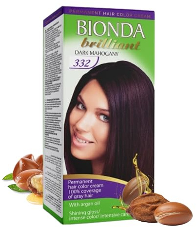 BIONDA Brillant Coloration permanente 100 ml – huile d’argan | teinture cheveux longue durée, 100% couverture des cheveux blancs | crème colorante | brillance & soin (332 Acajou foncé)