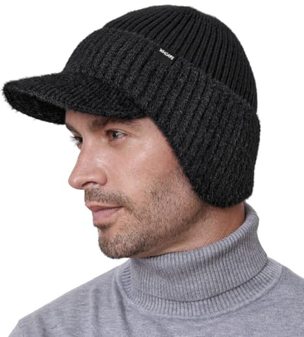 Wmcaps Winter Beanie with Visor and Ear Flaps, Unisex Outdoor Warm Thick Fleece Lined Knit Hat Gift for Men Husband Dad, Dark Grey