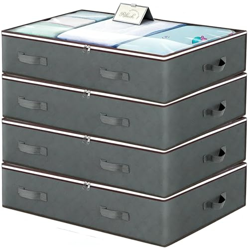 Ribech 4 Sacs de Rangement Sous Lit 90L avec Couvercle, Gris – Pliable, Respirant & Fenêtre PVC, Pour Vêtements, Bacs de Rangement Couettes et Chaussures