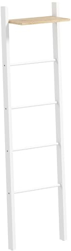 HOMCOM Toallero Escalera con Estante Superior y 4 Barras, Toallero de Baño para Apoyar en Pared, Estantería de Escalera Inclinada, para Dormitorio, Salón, 43x20x151 cm, Blanco y Roble
