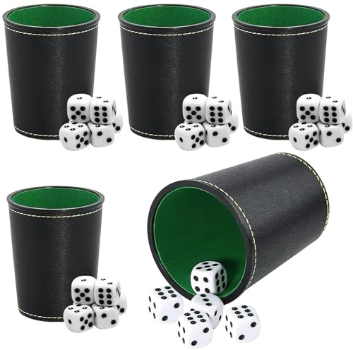 DAWRIS 5 Pack Leather Dice Cup Set with 25 Dices, Deluxe Leather Dice Shaker for Yahtzee Poker Dice, Perudo Playing Games-Premium Game Set for Family Fun, Parties & Game Nights