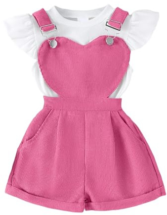 UUAISSO Set di Vestiti Bambine Top con Scollo Tondo Maniche Lunghe Tinta Unita a Forma di Cuore Pantaloncini con Bretelle Rosso rosa 4-5 anni