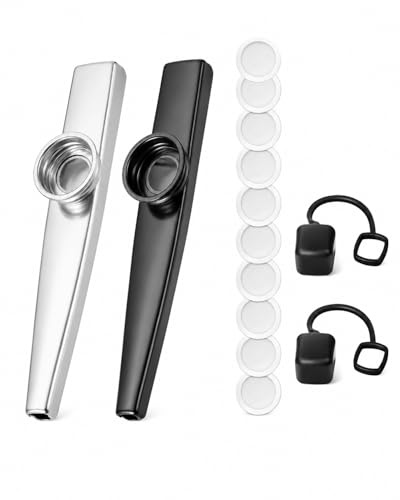 RAVNIX Kazoo de Metal Set 2 Instrumentos Negro y Plata, Kit Completo para Principiantes y Duos, Fácil de Tocar, incluye 10 Membranas y 2 Fundas