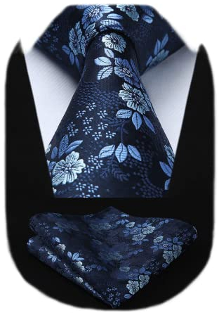 HISDERN Krawatten Herren Marineblau Extra Lange Florale Krawatte und Einstecktuch Set Elegante Hochzeit Seidenkrawatte Taschentuch für Männer