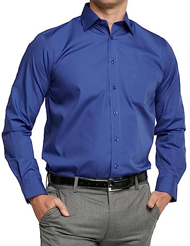 Double TWO Men's Long Sleeve Plain Formal Shirt Non Iron Classic Fit Business Dress Shirt - Royal Blue, 16.5in Collar