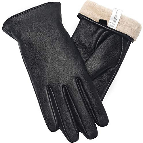 vislivin Gants Cuir Femme Mode Hiver Gants Tactile Plein Doigt Peau de Mouton Gant Femme Cadeau Black S