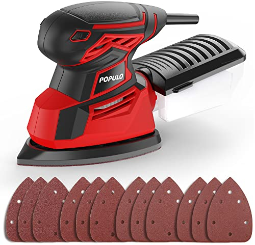 POPULO Detailschleifer Palm Sander, 14.000 OPM Elektrischer Detailschleifer mit 12 Stück Schleifpapieren, Power Sander mit Staubbox für die Holzbearbeitung
