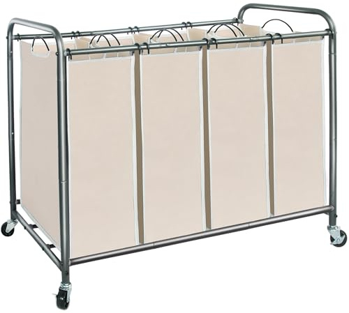 STORAGE MANIAC Trieur à linge 4 sections, 181 l, panier à linge avec roulettes, séparateur de vêtements, panier séparateur de vêtements, panier à linge avec roues et sacs amovibles, beige