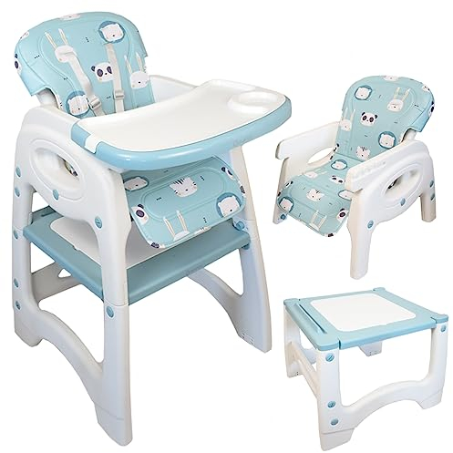 Olmitos - Trona Evolutiva Multifunción Pupitre - Reclinable, 5 en 1: escritorio, silla, trona, mesa para bloques y tablet- cinturón 5 puntos - Rígida y segura de 6 meses a 6 años (Forest)