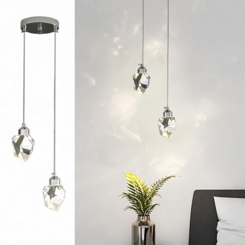 Sxtiger Moderna Lampada A Sospensione In Cristallo, Lampada A Sospensione In Cristallo A Led A 3 Colori, Per Isola Cucina Camera Da Letto Soggiorno Sala Da Pranzo (Argento, Base Rotonda A 2 Teste)
