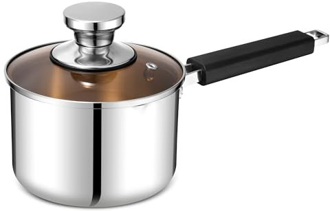 Herogo Stainless - Cacerola con mango (14 cm, acero inoxidable, con tapa de cristal, olla pequeña con boquilla, utensilios de cocina multiusos para cerámica/eléctrica/inducción, apto para