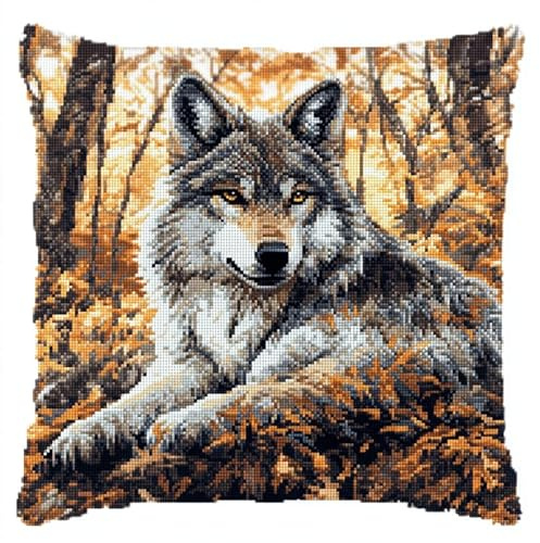 11CT Kreuzstich Kissen Set, Tier Wolf Stickkissen Mit Stickgarn 45X45cm Kreuzstichkissen Set zum Basteln Stickkissen Stickpackung mit Vorgedruckt Kreuzstichmotiv