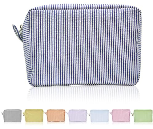 BRDXOOL Borsa cosmetica da donna borsa cosmetica da viaggio grande capacità portatile a righe borsa cosmetica dolce donna scatola di immagazzinaggio borsa da toilette ampia apertura, Blu marino, L