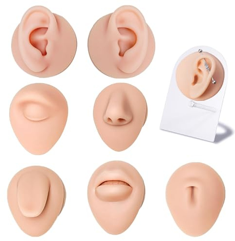 Piercing kit silikonmodell kroppsdel visar set, 8 st mjuk kroppspiercing, övningsmodellkit med displayhållare, mjuk falsk tunga mun näsa öga navel öra 5D modell träningsverktygssats för Piericng