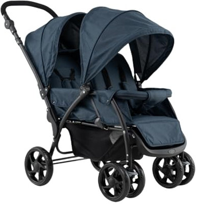 LIFEZEAL Faltbarer Doppelkinderwagen für Zwillinge, Kinderwagen 2-Sitzer mit verstellbarer Rückenlehne, Mobiler Geschwisterwagen mit Bremsen, Belastung 15 + 15 kg (Blau)