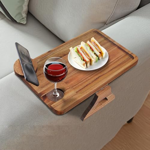 Comfoyar Sofa Arm Tray, Acacia Wood Clip On Sofa Armrest Table with Wine Glass Holder, Foldable Armchair Tray with 360° Rotated Phone Holder, Couch Arm Table for Drinks Snacks Eating Remote Control