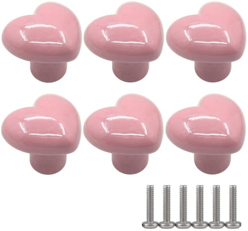 ZESLIV Lot de 6 boutons de meubles en céramique en forme de cœur Bouton de tiroir Bouton de porte d'armoire Bouton de meuble pour chambre d'enfant Rose clair