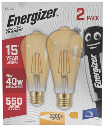 Energizer ST64 Gold Vintage LED Edison Bulbs, 2200K, E27 Base, Dimmable, Pack of 2